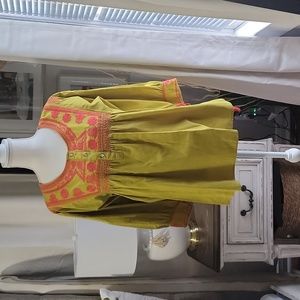 John Mark Olive Green Blouse with Pink Embroidery